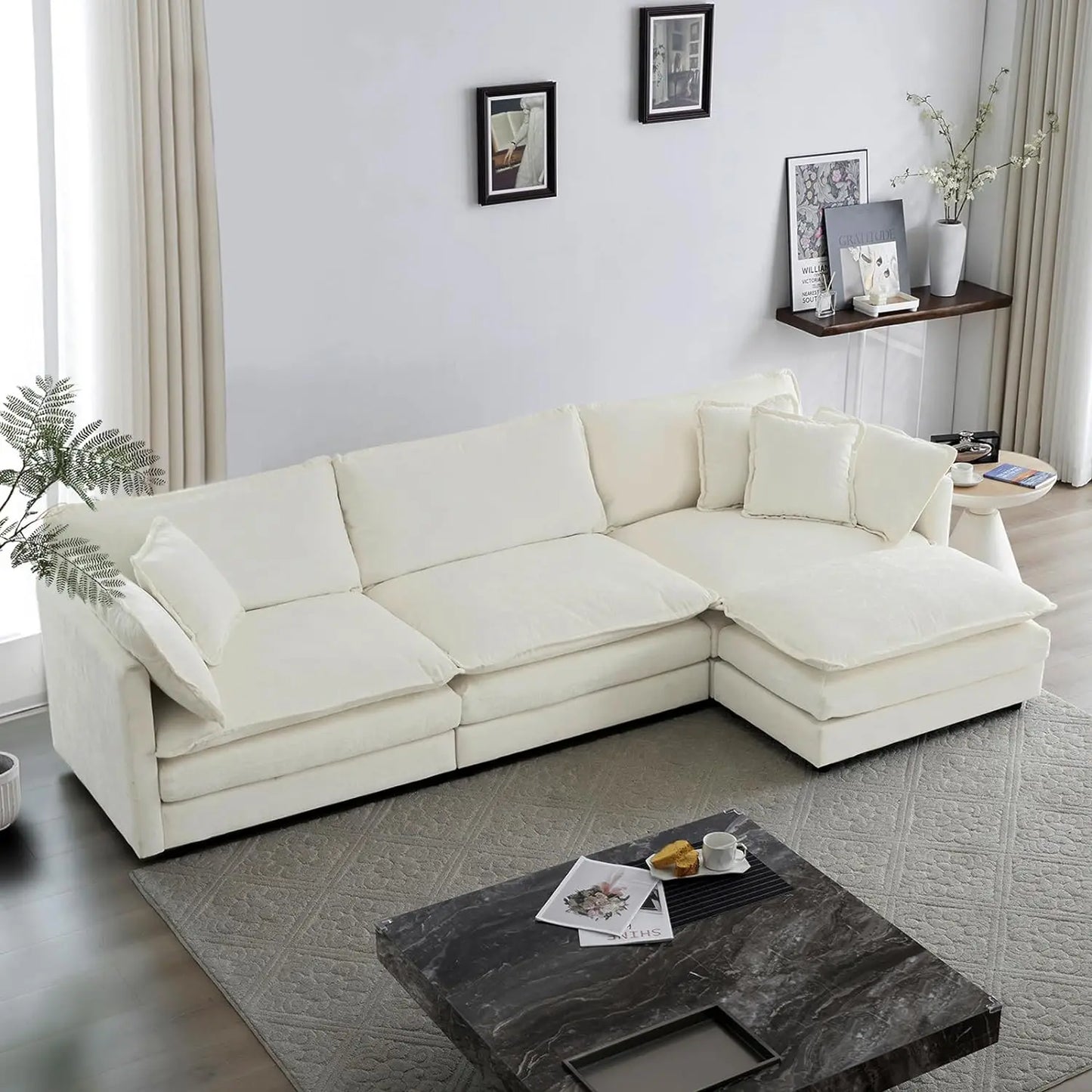 Sofá modular seccional en forma de L de chenilla, cómodo sofá Cloud de 3 plazas con otomana/chaise longue y 5 almohadas para sala de estar y dormitorio