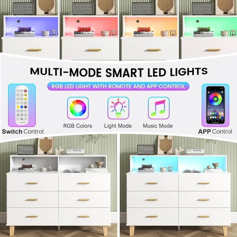 6 Drawer Dresser for Bedroom, Chest of Drawers with LED Light and Power Outlet, Tall Wide Dresser for Organizer Cabinet Bedroom