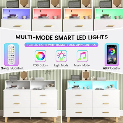 6 Drawer Dresser for Bedroom, Chest of Drawers with LED Light and Power Outlet, Tall Wide Dresser for Organizer Cabinet Bedroom