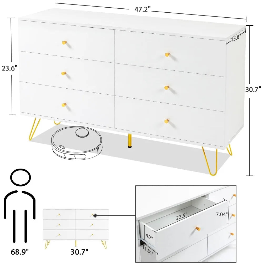 MAISONPEX Dresser for Bedroom with 6 Drawers and Metal Handle,Sturdy Frame Modern Bedroom Furniture, Chest of Drawers, White Dre