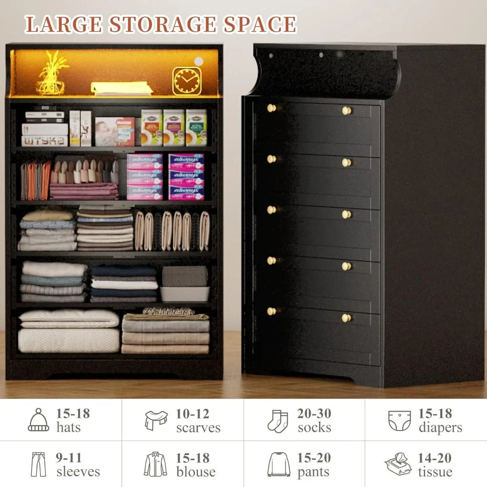 Dresser with LED, Bedroom Dressers & Chests of Drawers, Tall Dresser Wood Drawers, Black Dresser for Bedroom