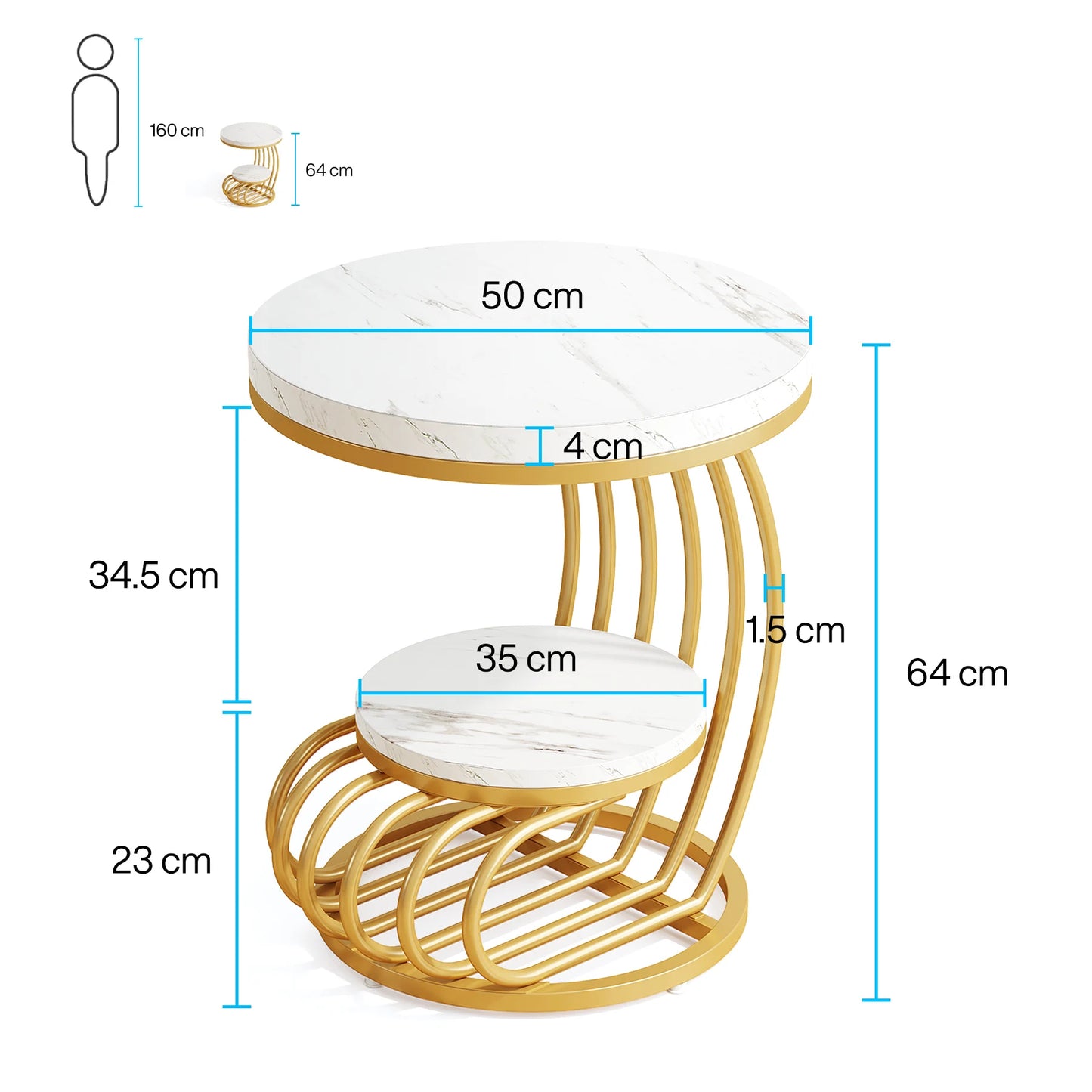 Table d'appoint ronde dorée Tribesigns : table d'appoint en faux marbre à 2 niveaux avec étagère de rangement, table de chevet moderne en or blanc