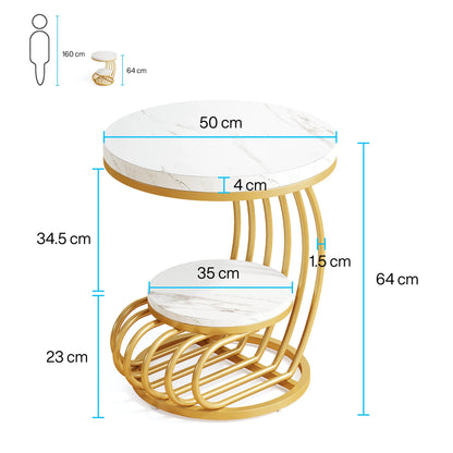 Mesa auxiliar redonda dorada Tribesigns: mesa auxiliar de 2 niveles de mármol sintético con estante de almacenamiento, mesita de noche moderna de oro blanco