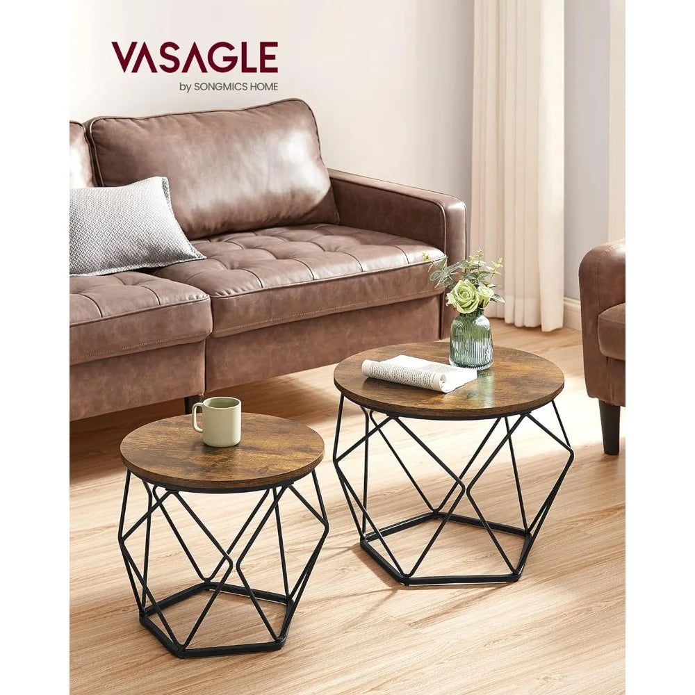 Small Coffee Table Set of 2, Round Coffee Table with Steel Frame, Side End Table for Living Room, Bedroom, Office,