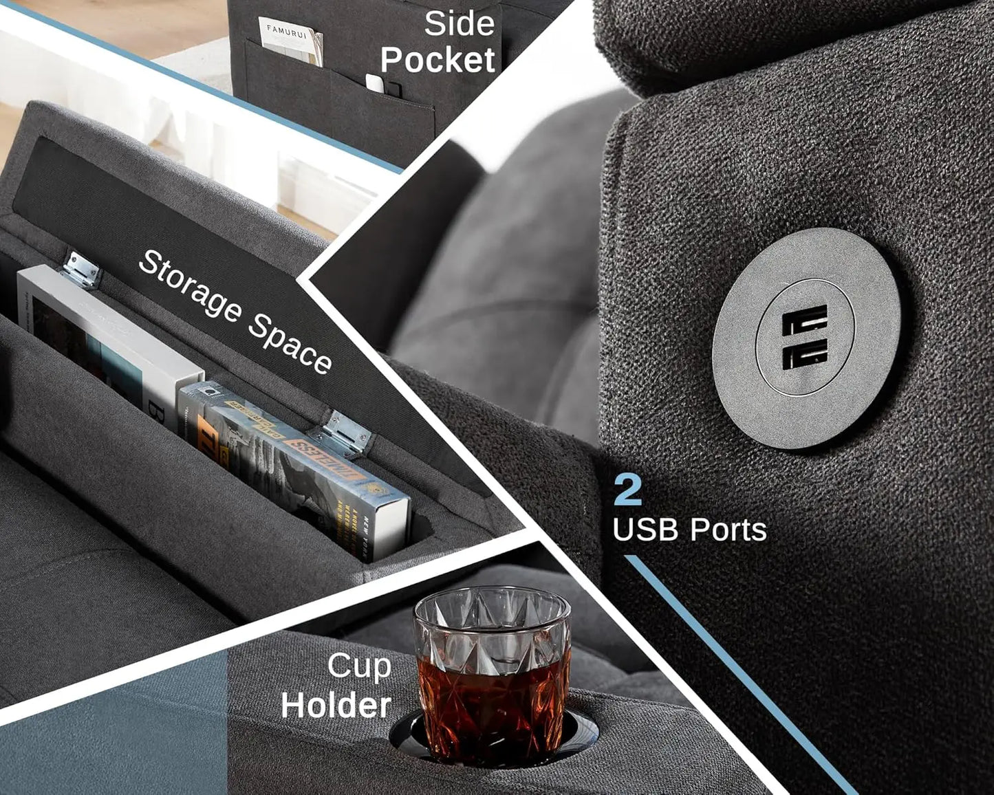 Sofá cama, sofá cama extraíble con dos compartimentos de almacenamiento, sofá cama con puertos USB y portavasos