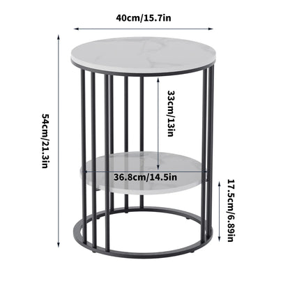 2 Tier Sintered Stone End Table Round White Sofa Side TableSmall Coffee Table with Black Frame - Modern Bedside Nightstand