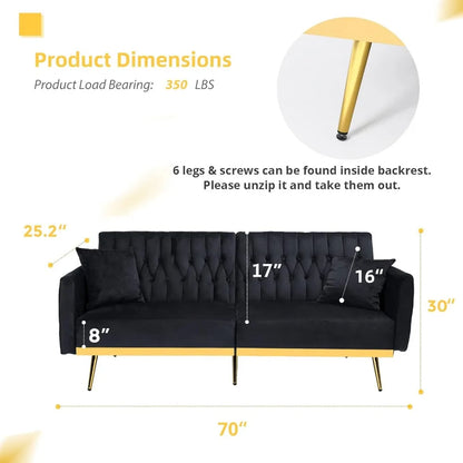 Canapé-lit futon en velours de 70 po avec dossiers et accoudoirs réglables, canapé-lit futon convertible avec deux oreillers, lit-lit capitonné