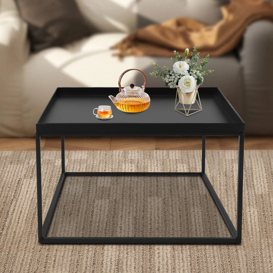 Square Metal Tray Side Table, Black Matte Small Coffee End Table with Frame for Living Room, Balcony, Bedroom