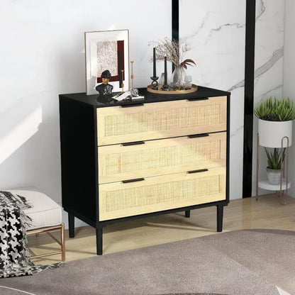 3 Drawer Dresser for Bedroom, Rattan Dresser Modern Closet Dressers Chest of Drawers, Wood Black 3 Drawer Storage Chest