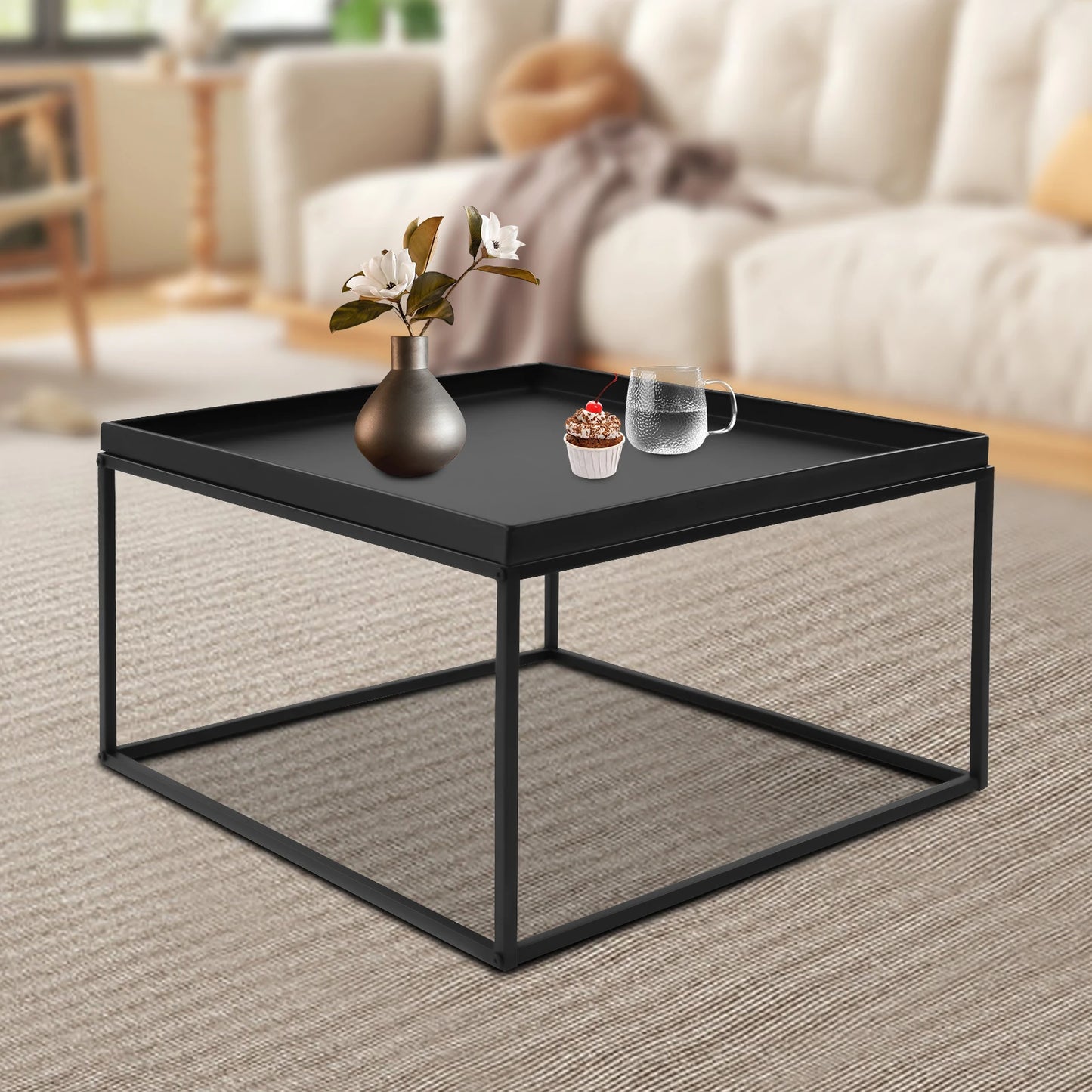 Square Metal Tray Side Table, Black Matte Small Coffee End Table with Frame for Living Room, Balcony, Bedroom