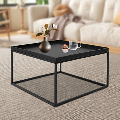 Square Metal Tray Side Table, Black Matte Small Coffee End Table with Frame for Living Room, Balcony, Bedroom