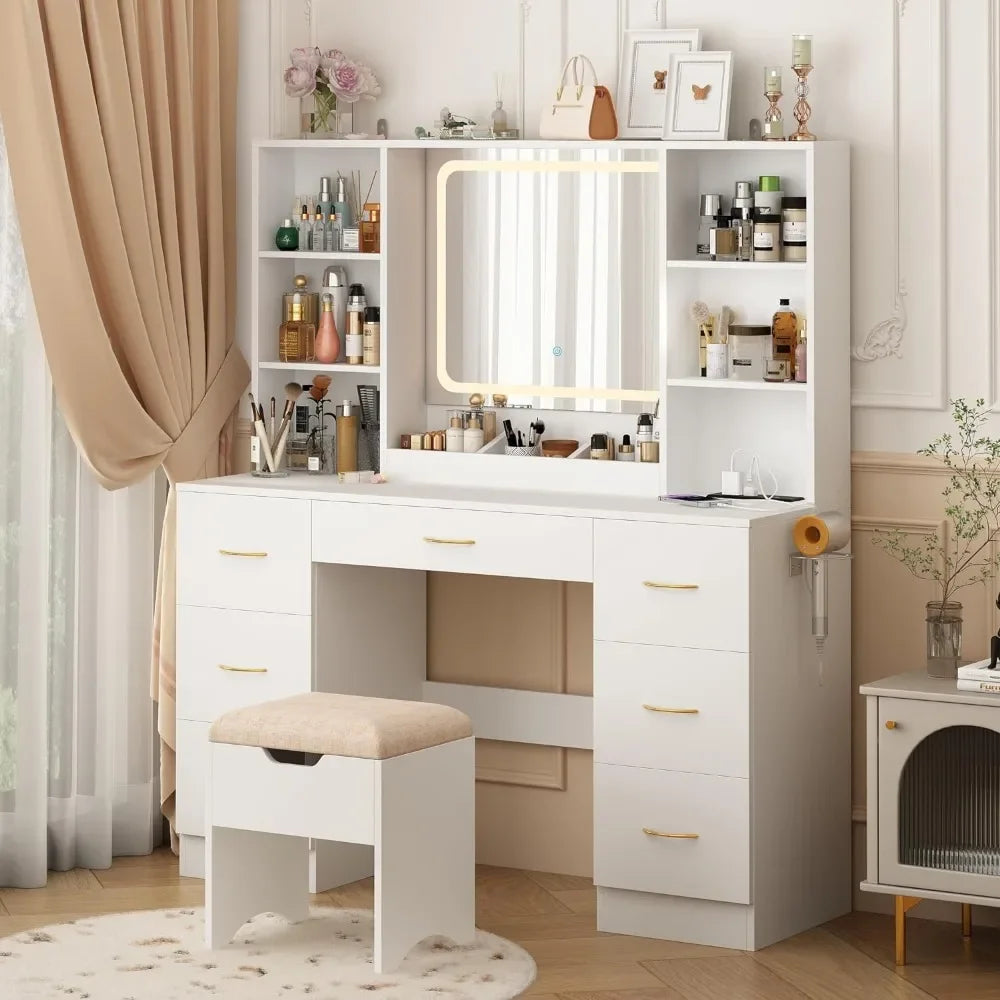 Ensemble de coiffeuse à LED blanche avec tabouret et prise de courant Meubles de chambre à coucher Table de maquillage pour la maison Coiffeuse pour filles (blanc) Meubles