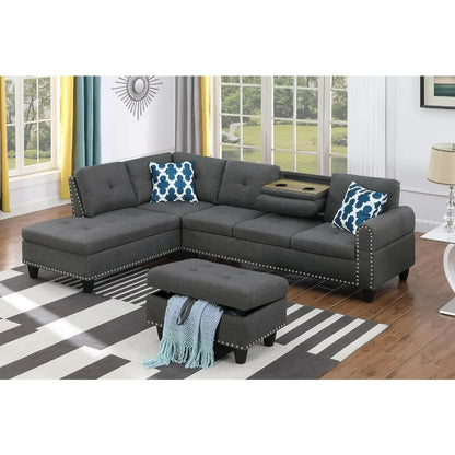 Living Room Sofa Set, 98-Inch L-Shaped Couch with Storage, Left Facing Chaise, 2 Cup Holders, 2 Throw Pillows, Dark Gray