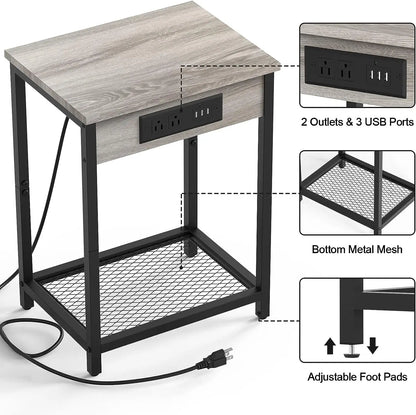 Set of 2 Gray Bedroom Nightstand w/Charging Station Modern Side Table End Table