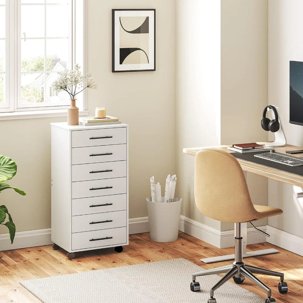 Commode à 7 tiroirs, classeur, classeur en bois, bureau avec tiroirs, rangement, pour la maison, assemblage facile, blanc