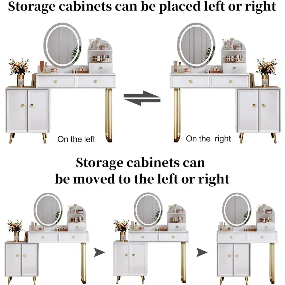 White Modern Vanity Desk, Retractable Makeup Vanity Dressers with LDE Mirror and 2 Spacious Drawers & Cabinet, Writing Desk