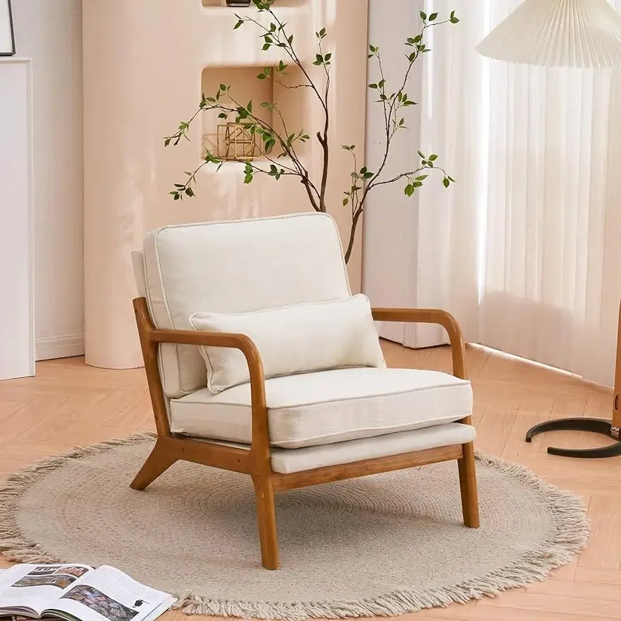 Fauteuil d'appoint moderne du milieu du siècle à dossier bas avec coussin, fauteuil de salon rembourré avec cadre en bois massif et coussin moelleux, beige