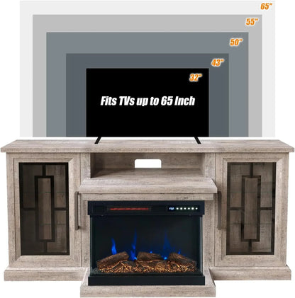 59 Inch LED TV Stand with 3-Side Glass Fireplace, Modern Media Entertainment Center Console Table for TVs up to 65 Inch