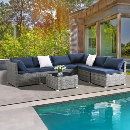 7 Pieces Patio Furniture Set, Modular Patio Set Wicker Outdoor Sectional Sofa Set PE Rattan Wicker Patio Conversation Set。