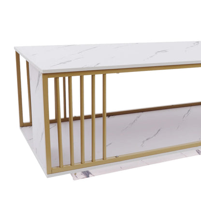 Mesa de centro moderna de dos niveles en blanco y dorado con revestimiento de mármol de alto brillo, rectangular, para sala de estar, mesa de sala de espera