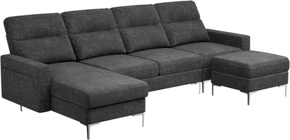 Convertible Sectional Sofa Couch, 4 Seat Sofa Set for Living Room U-Shaped Modern Fabric Modular Sofa Sleeper with Double Chaise