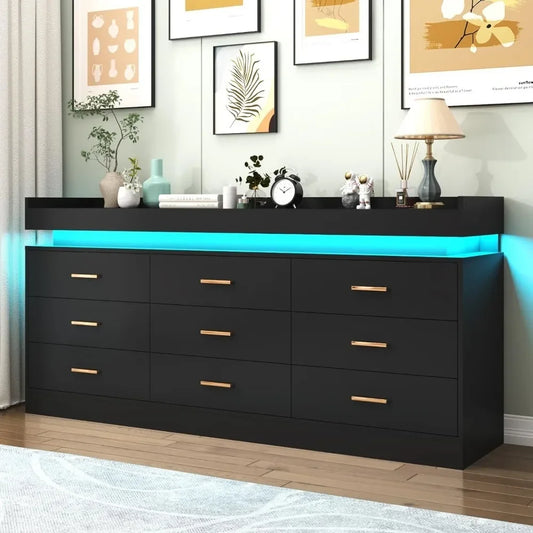 Commode moderne à 9 tiroirs avec lumière LED, armoire de rangement à tiroirs larges pour chambre à coucher, salon, commode pour placard à tiroirs en bois