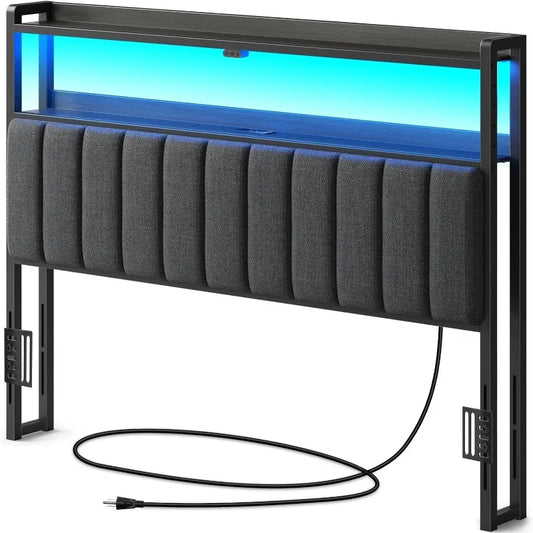 Cabecero Rolanstar para cama tamaño queen con almacenaje, 60 000 luces LED de colores DIY, cabecero con puerto USB y tipo C, altura ajustable