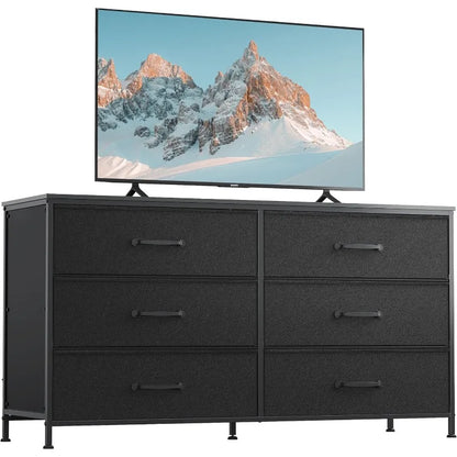 Wide Dresser with 6 Drawers, TV Stand for 50" TV, Entertainment Center with Metal Frame, Wooden Top, Fabric Storage Dresser for