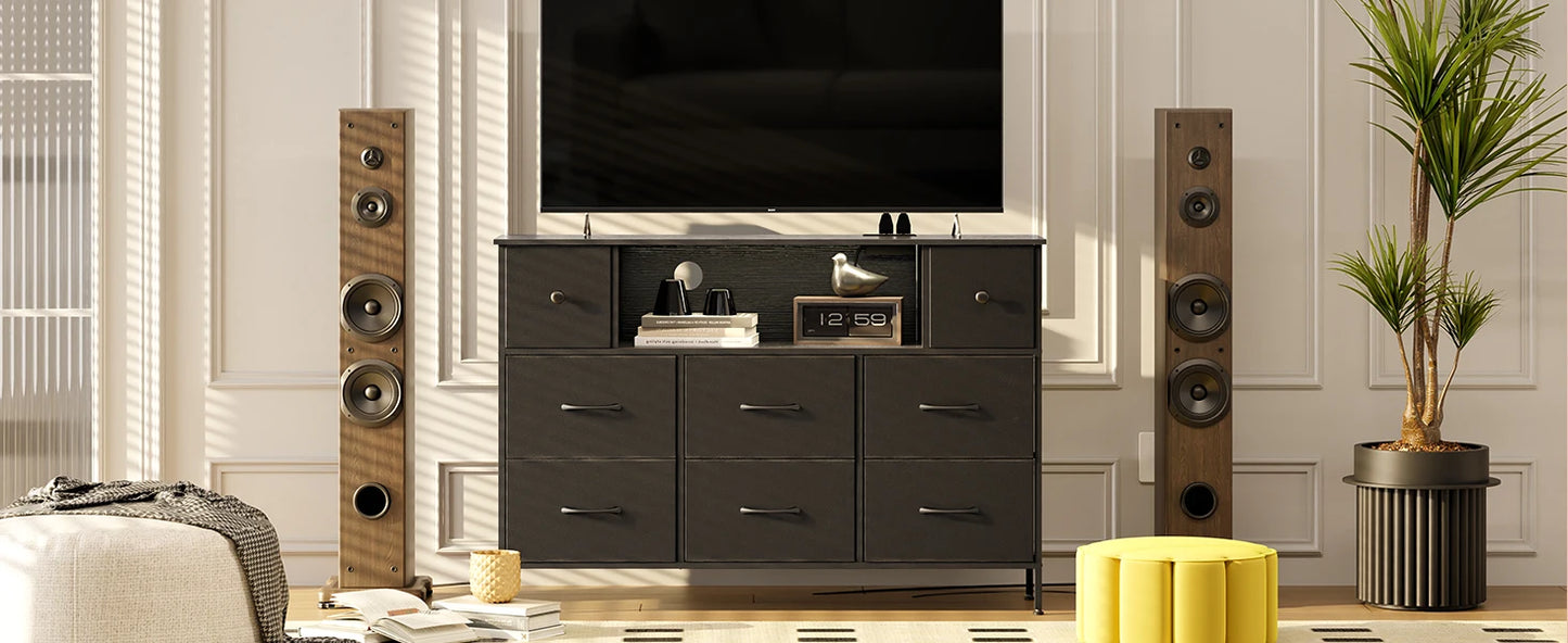 Dresser for Bedroom with Power Outlets and LED Lights, Black 55" TV Stand with 8 Drawers, Fabric Chest