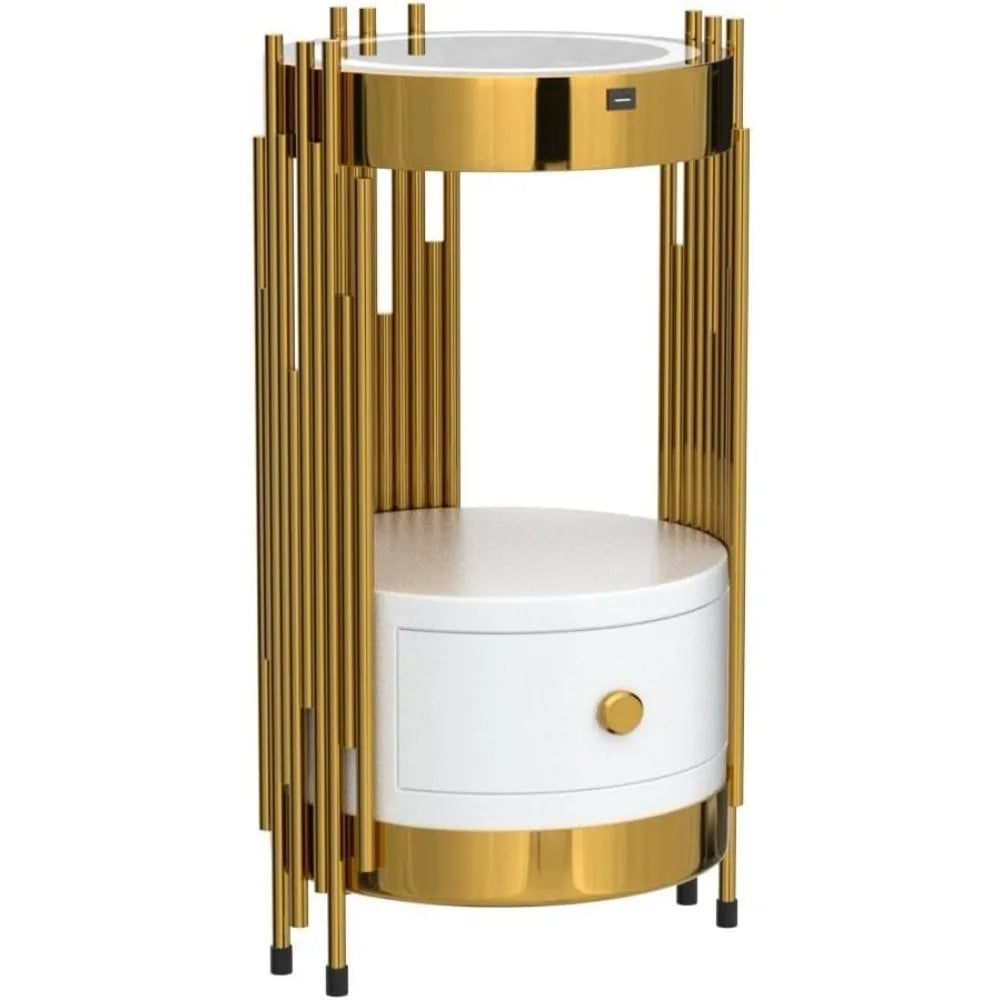 Gold Led Smart Round Nightstand with Drawer,Sofa Narrow End Table