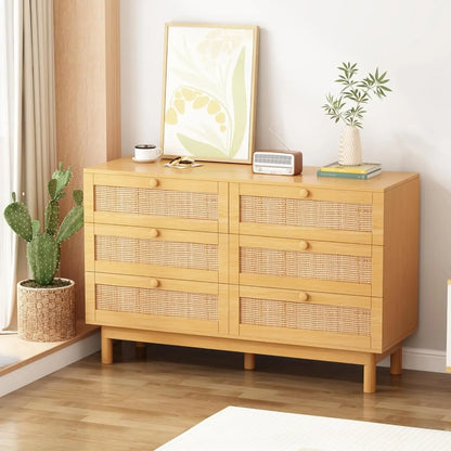 6 Drawer Rattan Dresser for Bedroom, Modern Wooden Chest of Dressers with Spacious Storage, Beside Table for Closet, Entryway