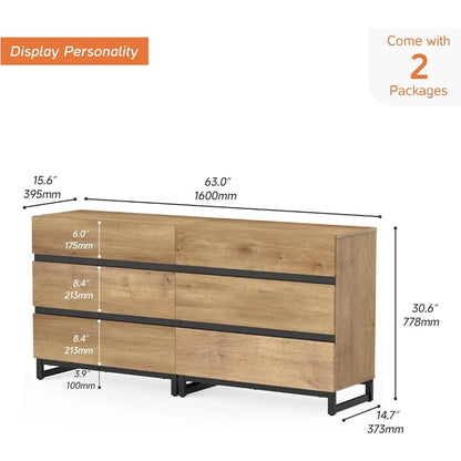 Dresser for Bedroom, Closet Organizers and Storage with 6 Drawers, Chest of Drawers with Metal Base, Modern Wood Dresser