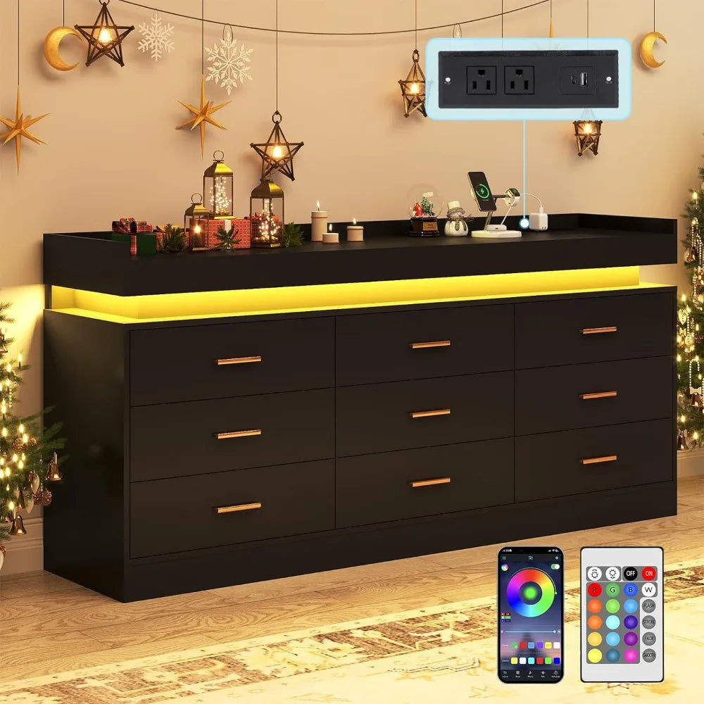 Bedroom Dresser, Drawer Dresser with LED Lights, Modern Chest of Drawers with Power Outlet, Organizer Cabinet for Bedroom, White