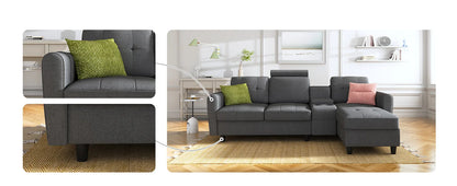 Sofa, Convertible Modular L-shaped Sofa with Cup Holder, 4-seater Sofa with Double-sided Chaise Longue, Light Grey Sofa