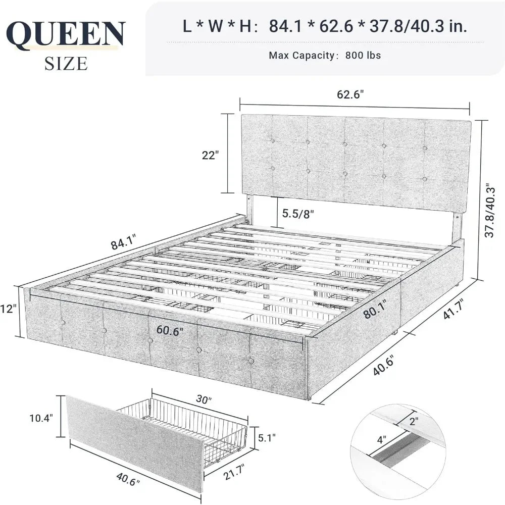 Marco de cama tapizado tamaño queen de Allewie con plataforma, 4 cajones de almacenamiento y cabecera, botones con costuras cuadradas