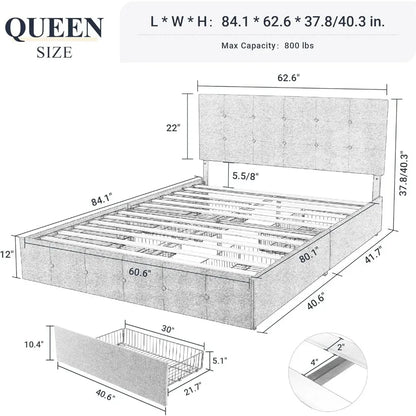 Cadre de lit plateforme queen size rembourré Allewie avec 4 tiroirs de rangement et tête de lit, boutons cousus carrés