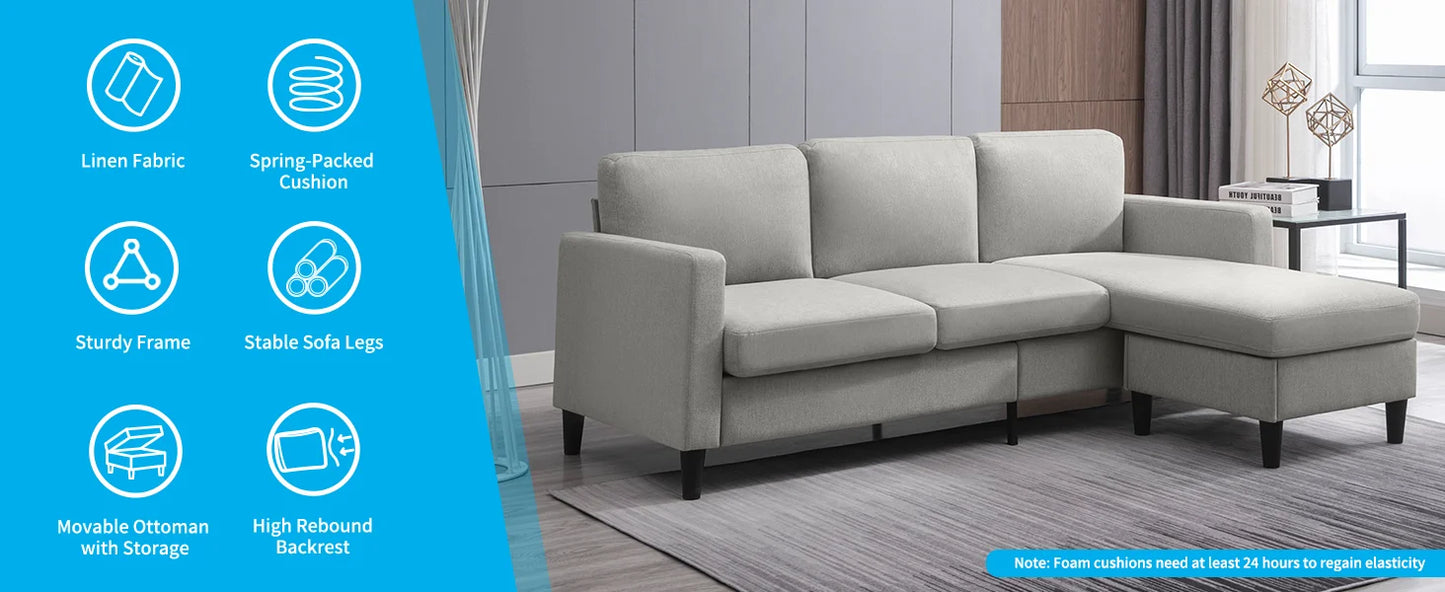 Sofa with storage ottoman 78" wide convertible combination L-shaped sofa, sofa with double chaise longue