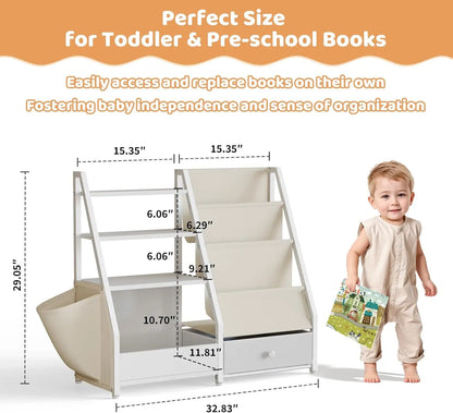 Kids Bookshelf & Toy Storage Toddler Bookshelf Baby Bookcase for Nursery Montessori Toy Organizer, White