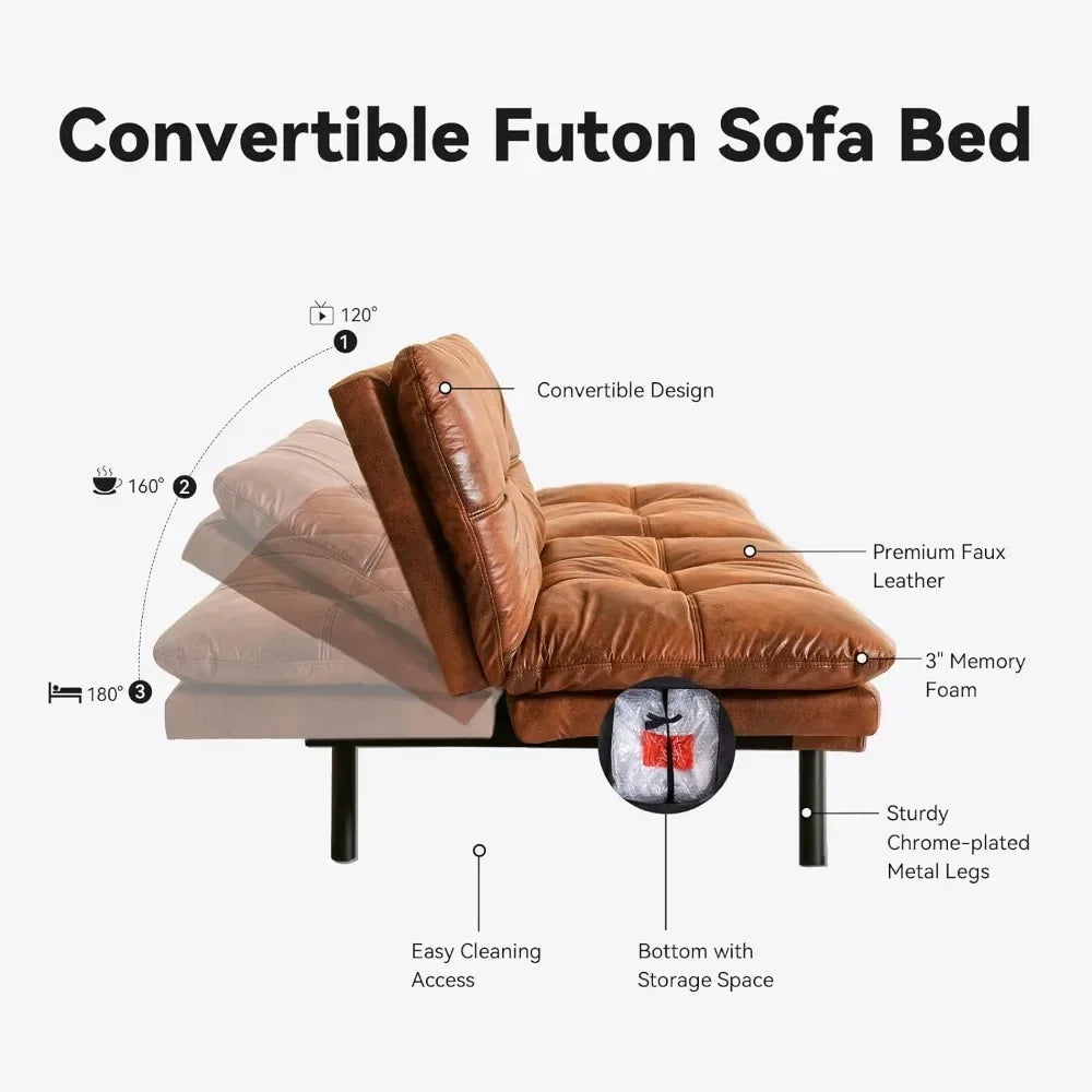 Sofá cama/sofá convertible, sofá con respaldo dividido y espuma viscoelástica, sofá tipo tumbona europeo pequeño para espacios reducidos, oficina en casa, color marrón