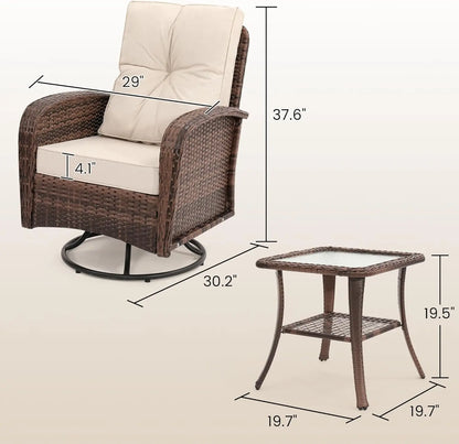 Ensemble de meubles de patio 3 pièces, fauteuil à bascule pivotant d'extérieur, ensemble de bistrot en osier avec chaise à bascule en rotin, table à plateau en verre