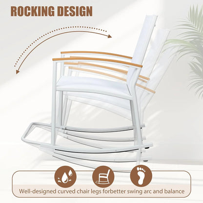 3 Piece Wicker Rocking Chair Outdoor Bistro Sets with Coffee Table and Cushions Metal Frame Patio Furniture（Khaki）