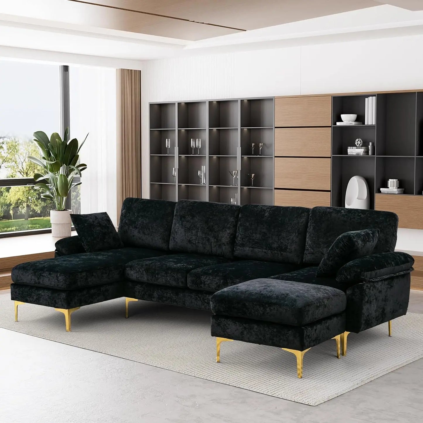 U-Shaped Sectional Sofa Couch,Sofa Set for Living Room,Convertible Velvet Couch Set with Chaise Lounge,Ottoman and Pillows