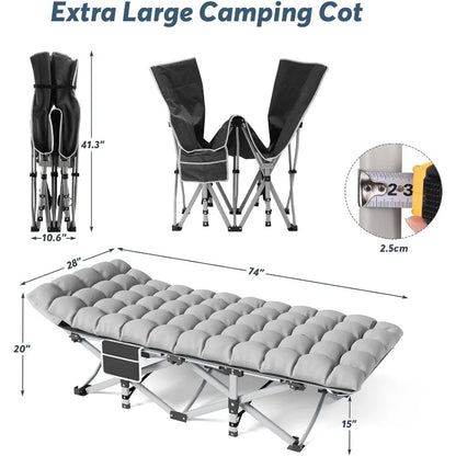 Lit de camping, lits de camping pliants pour adultes avec matelas, lit de camping portable avec oreiller et sac de transport