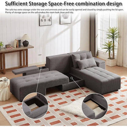 Convertible Sectional Sofa, L-Shaped Sofas with 4 Storage Space, Pull-Out Sofa Bed with 4 Pillows, Convertible Sectional Sofa