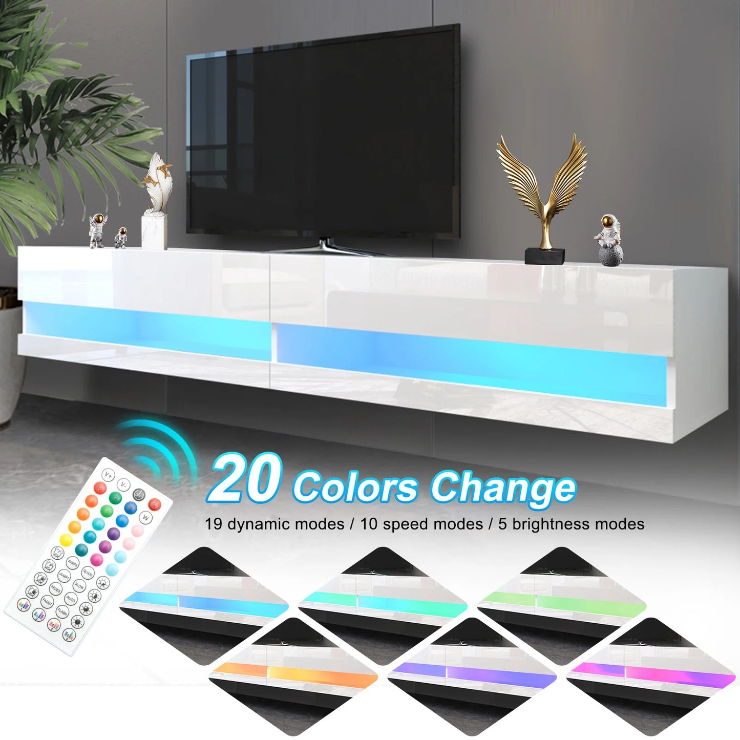 Support TV flottant 71" pour téléviseur 75/80", support TV LED mural avec prises de courant, console multimédia moderne haute brillance, blanc/noir