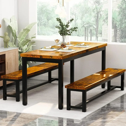 Juego de mesa de comedor para restaurante, juego de cocina con 2 bancos de 43,3 x 23,6 x 28,5 pulgadas, banco de 38,5 x 11,8 x 17,5 marrón industrial