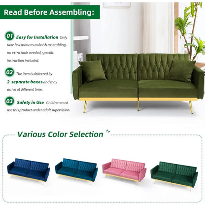 Canapé-lit futon en velours de 70 po avec dossiers et accoudoirs réglables, canapé-lit futon convertible avec deux oreillers, lit-lit capitonné