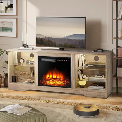 Meuble TV avec cheminée de 58 pouces pour téléviseurs jusqu'à 65 pouces Console avec cheminée électrique de 18 pouces et télécommande, divertissement moderne en bois