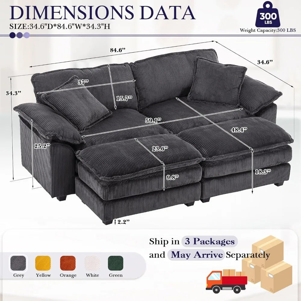 84.6" Sectional Sofa Couch for Living Room,Modern Upholstered Corduroy L Shaped Couch with Chaise,Comfy Deep Seat Loveseat Sofa