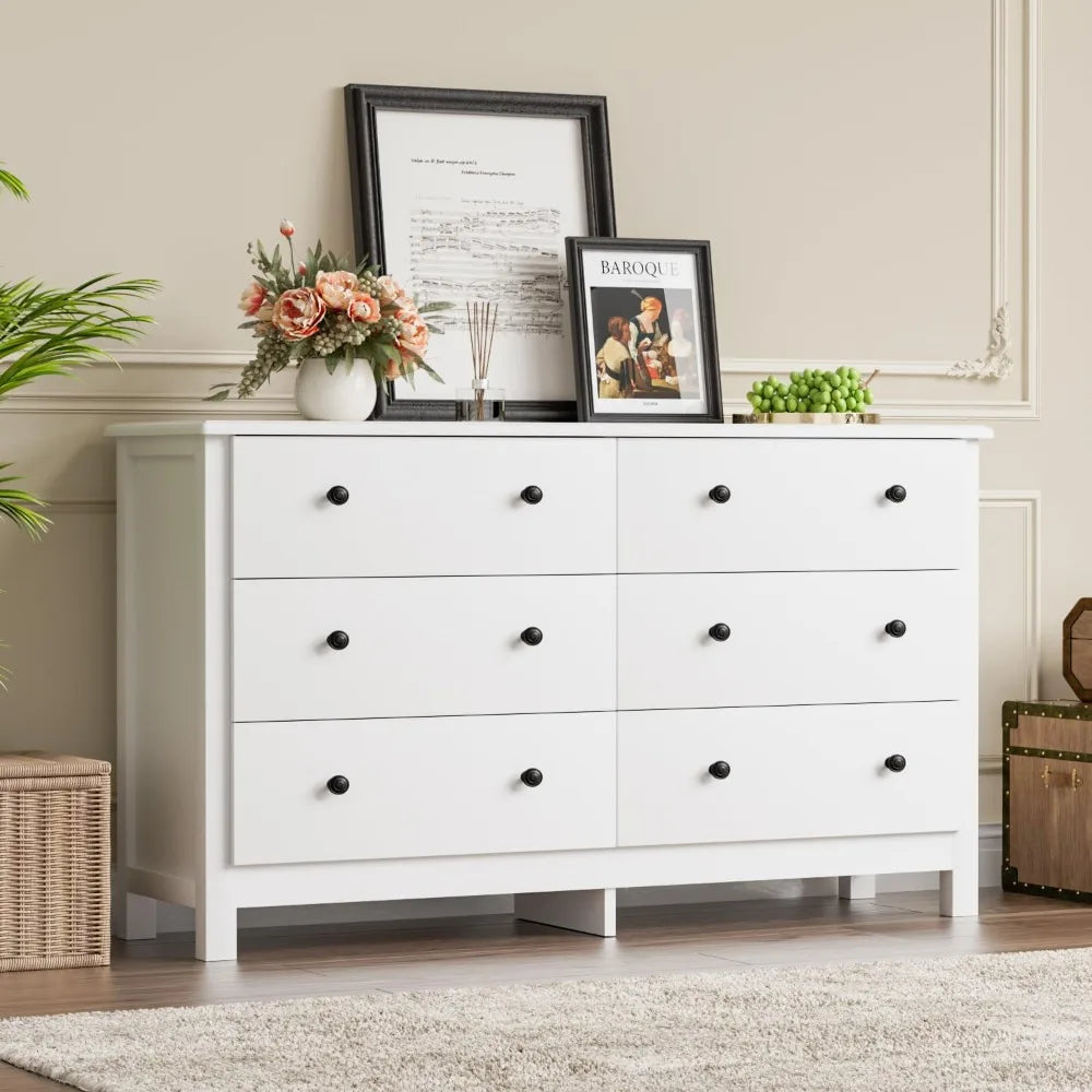 White Dresser, Modern 6 Drawer Double Dresser for Bedroom Adults & Kids with Black Pulls, Wide Dressers & Chests of Drawers